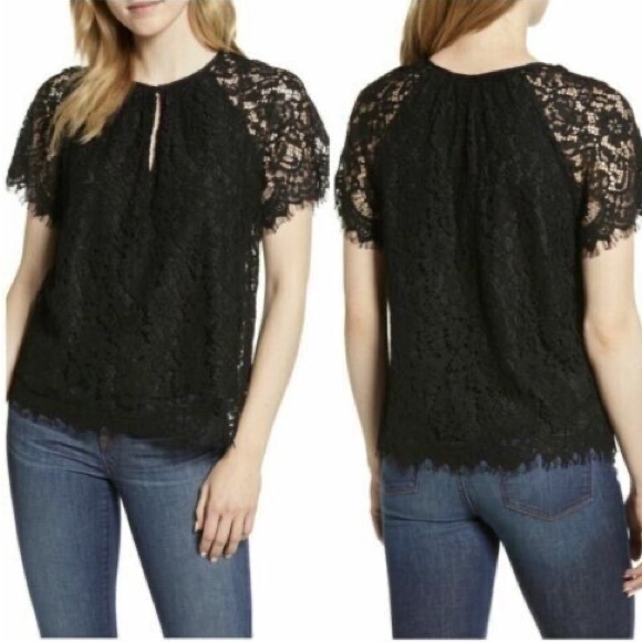 J. Crew Black Lace Keyhole Short Scalloped Sleeve Top - S - Picture 1 of 14